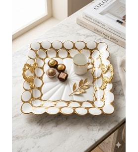 Lüks Beyaz Gold Detaylı Kare Sunum Tepsisi - 30 cm