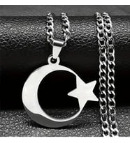 Ay Yıldız Türk Bayrağı Temalı Paslanmaz Çelik Kalın Zincirli Kolye 65 cm (Gümüş)
