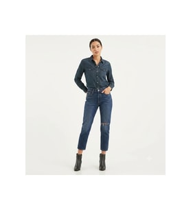 501 Pamuklu Yüksek Bel Straight Fit Kısa Paça Jeans KOT PANTOLON-yırtık detaylı -0290