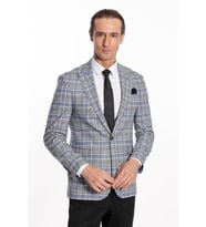 Ekose Desenli Slim Fit Siyah Mavi Erkek Ceket - Wessi
