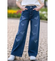 Breeze Kız Çocuk Jean Pantolon Kelebek Nakışlı 5-9 Yaş, Mavi