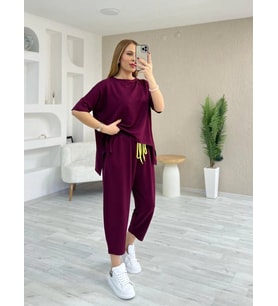 Kadın Kısa Kollu Bisiklet Yaka Viskon Iki Iplik Bluz Ve Pantolon Ikili Takım (Bordo)