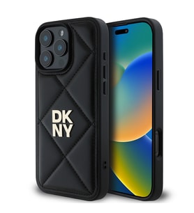 Apple iPhone 16 Pro Uyumlu Kılıf DKNY Orjinal Lisanslı Kapitone Tasarımlı Metal Logolu Deri Kapak (Siyah)