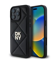 Apple iPhone 16 Pro Uyumlu Kılıf DKNY Orjinal Lisanslı Kapitone Tasarımlı Metal Logolu Deri Kapak (Siyah)
