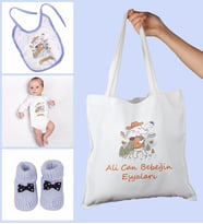 eJOYA Bebeklere Özel Çantasında Kişiye Özel Zıbın Önük Ve Patik Bebek Hediye Seti 109773 (Mavi)
