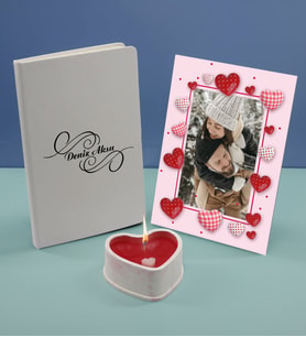 BK Gift Kişiye Özel İsimli Beyaz Defter Dekoratif Çerçeve ve Kalp Taş Obje Kokulu Mum Hediye Seti-3, Sevgiliye Hediye, Arkadaşa Hediye