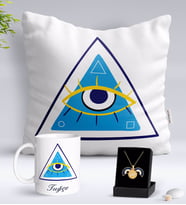 BK Gift Kişiye Özel Nazar Temalı Yastık Kupa ve Açılan Nazar Kolye Hediye Seti-4 (Model 1)