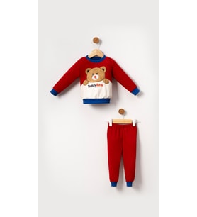 Erkek Bebek Çocuk Teddy Bear Görselli Pamuklu Polar Kışlık 2'li Alt Üst Takım - Siyah