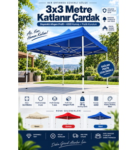 3x3 Metre Katlanır Çardak 420D Kumaş – 28 Kg Altıgen 30 mm Profil Gazebo