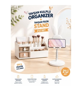 Tavşan Figürlü Makyaj Organizer ve Telefon Standı Seti, Beyaz