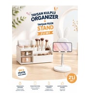 Tavşan Figürlü Makyaj Organizer ve Telefon Standı Seti, Beyaz