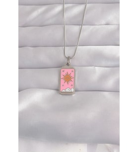 316L Çelik Gümüş Renk Pembe Mineli Güneş Model Tarot Kolye 5886