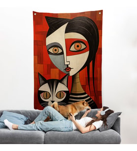 Pablo Picasso Tarzı - Soyut Renkli Kadın ve KediDuvar Örtüsü-7376