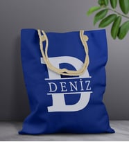 BK Gift Kişiye Özel Harfli Saks Mavi Halat Saplı Kumaş Bez Çanta-1, Baskılı Omuz Çantası, Alışveriş Çantası