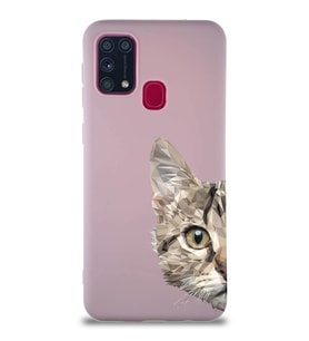 Samsung Galaxy M31 Soft Premier Kapak Catface Tasarımlı Silikon Kılıf - Pudra (Şeffaf)