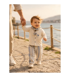 Çizgili Pantolon ve Fular Detaylı Ekru Erkek Bebek 3’lü Takım