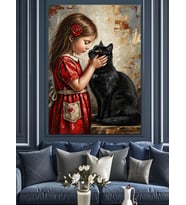 Kız Çocuğu Ve Kara Kedi Dekoratif Kanvas - Mdf Ahşap Tablo