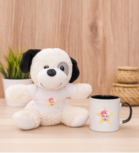 Kişiye Özel Pembe Yıldız Kafa Fotoğraflı Peluş Köpek ve Siyah Kupa