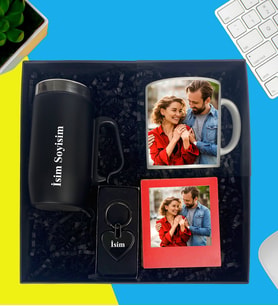 Kişiye Özel Premium Kutu Kulplu Termos Bardak Fotoğraflı Kupa Bardak Metal Kalp Anahtarlık Masaüstü Kırmızı Çerçeve
