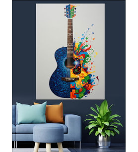 Mavi Gitar Ve Müzik Dekoratif Kanvas - Mdf Ahşap Tablo