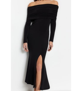 Moda Stil Fitted Carmen Yaka Midi Boy Şık Abiye Elbise