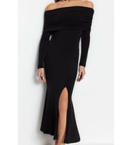 Moda Stil Fitted Carmen Yaka Midi Boy Şık Abiye Elbise