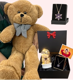Kişiye Özel Premium Hediye Seti - Büyük Boy Kahve Peluş Ayıcık ve Fotoğraflı Hediye Kutusu (Model 7)