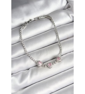 Pirinç Sıralı Pembe Kalp Figürlü Zirkon Taşlı Gümüş Renk Kadın Bileklik - TJ-BB6982