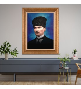Altın Varaklı Çerçeveli Paspartulu Atatürk Tablo TR0896 (Gold)