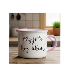 Kürtçe Sevgililere Özel Ez Ji Te Hez Dikim Enamel Pembe Kupa Bardak - Ez Ji Te Hez Dikim Bardağı (Beyaz)