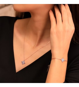 925 Ayar Gümüş Aquamarine Taşlı Kamelya Çiçeği Kolye Bileklik Set
