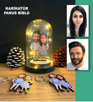KİŞİYE ÖZEL EVLİ, SEVGİLİ, ÇİFT , GELİN DAMAT  IŞIKLI KARİKATÜR FANUS BİBLO VE 2 ANAHTARLIK SET m2