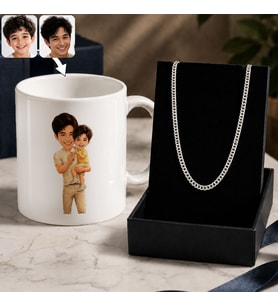 BK Gift Kişiye Özel Baba&Çocuk Karikatürlü Beyaz Kupa & Gurmet Zincir Kolye -2, Babalar Günü Hediyesi