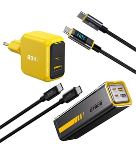Aohi Magcube 67W 2 Portlu Şarj Adaptörü, 27.600 mAh 240W PD3.1 Powerbank, 140W LED Ekranlı Naylon Örgülü Süper Hızlı Şarj/Data Kablosu Seti