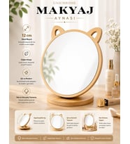 Kedi Ayna Ahşap Standlı Masa üstü Makyaj Aynası Make Up (14)