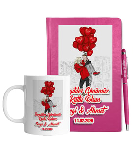 Sevgililer Gününe Özel Pembe Defter Kalem & Kupa Hediye Seti 18