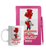 Sevgililer Gününe Özel Pembe Defter Kalem & Kupa Hediye Seti 18