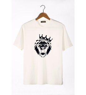 Erkek Ekru Aslan Baskılı Bisiklet Yaka Oversize Rahat Kalıp Basic T-Shirt 22Y-3400761-2