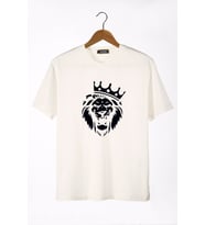 Erkek Ekru Aslan Baskılı Bisiklet Yaka Oversize Rahat Kalıp Basic T-Shirt 22Y-3400761-2