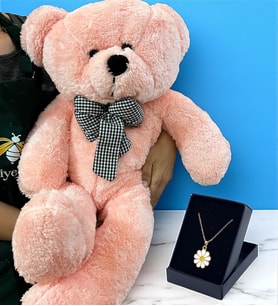 Premium Hediye Seti Büyük Boy 80cm Pembe Peluş Ayıcık ve Özel Tasarım Kolye (Model 4)