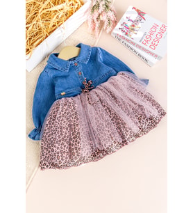 Denim Leopar Desenli %100 Pamuk Şık Özel Gün Kız Bebek Elbise (Pembe)