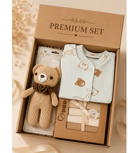 Yenidoğan Bebek Hediye Tulum Kutusu Oyuncaklı Ayılı Premium Set