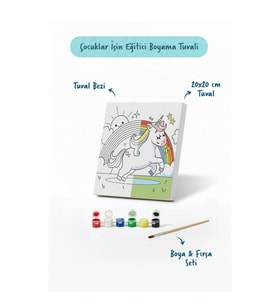 Unicorn & Gökkuşağı Figürlü Çocuk Boyama Tuvali – Şövalesiz Boya Seti 20x20