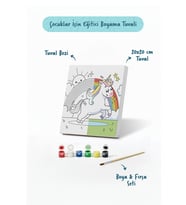 Unicorn & Gökkuşağı Figürlü Çocuk Boyama Tuvali – Şövalesiz Boya Seti 20x20