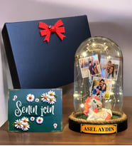 Kişiye Özel İsimli ve 3 Fotoğraflı Led Işıklı Fanus, Siyah Hediye Kutusunda (Model 5)