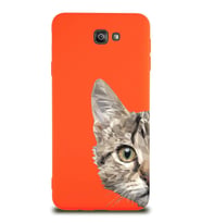 Samsung Galaxy J7 Prime Uyumlu Lansman Kılıf Catface Tasarımlı İçi Kadife Kapak-Turuncu (Şeffaf)