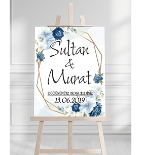 Söz Nişan Düğün İçin 50x70 Karşılama Panosu - Mavi Çiçek Tasarımlı 008
