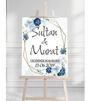Söz Nişan Düğün İçin 50x70 Karşılama Panosu - Mavi Çiçek Tasarımlı 008