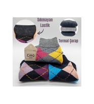 CİHO Socks Premium Termal 6 Çift Kadın Ekoseli Ekstra Kalın Tam Havlu Sıkmayan Lastikli Kışlık Çorap (Siyah-Lacivert)