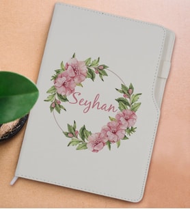 BK Gift Kişiye Özel Çiçek Tasarımlı Beyaz Termo Deri Not Defteri 15x21cm-17